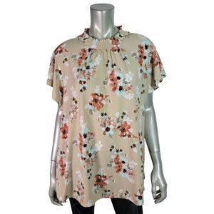 Ophelia Roe Top Plus Size 2X Stretch Floral Round Neck Short Sleeve Beige